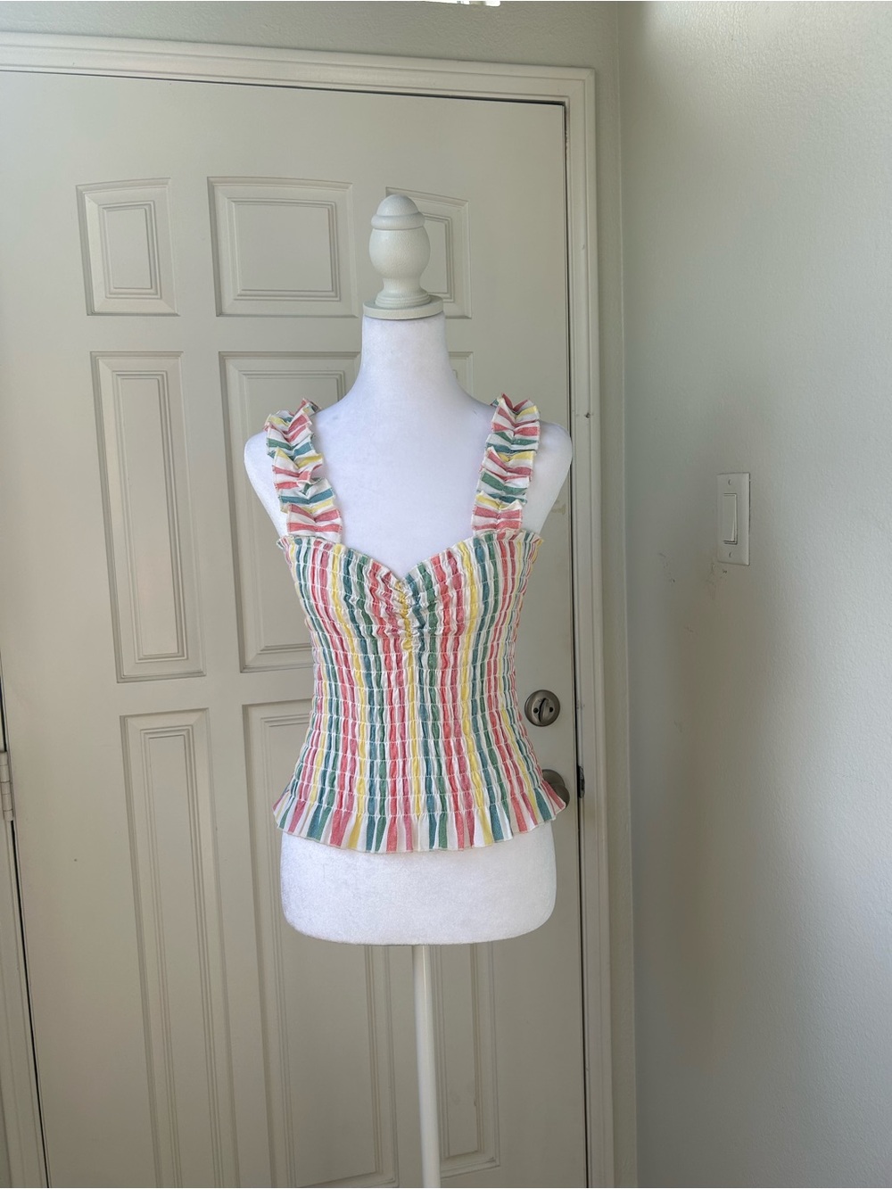 Emme Jordan Smocked Peplum Top Rainbow Stripe Ruffle Cottagecore Coastal Size M